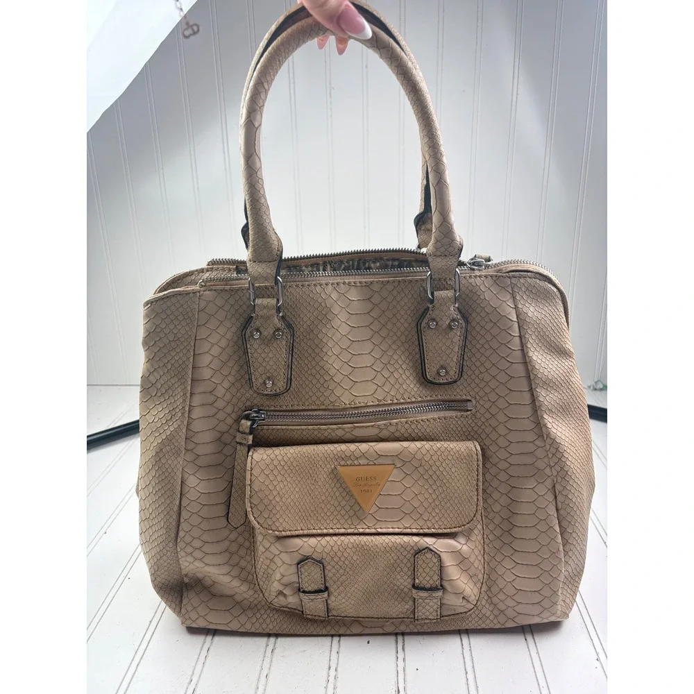 Guess Vintage Y2K Beige Snakeskin Embossed Satchel Shoulder Bag Purse